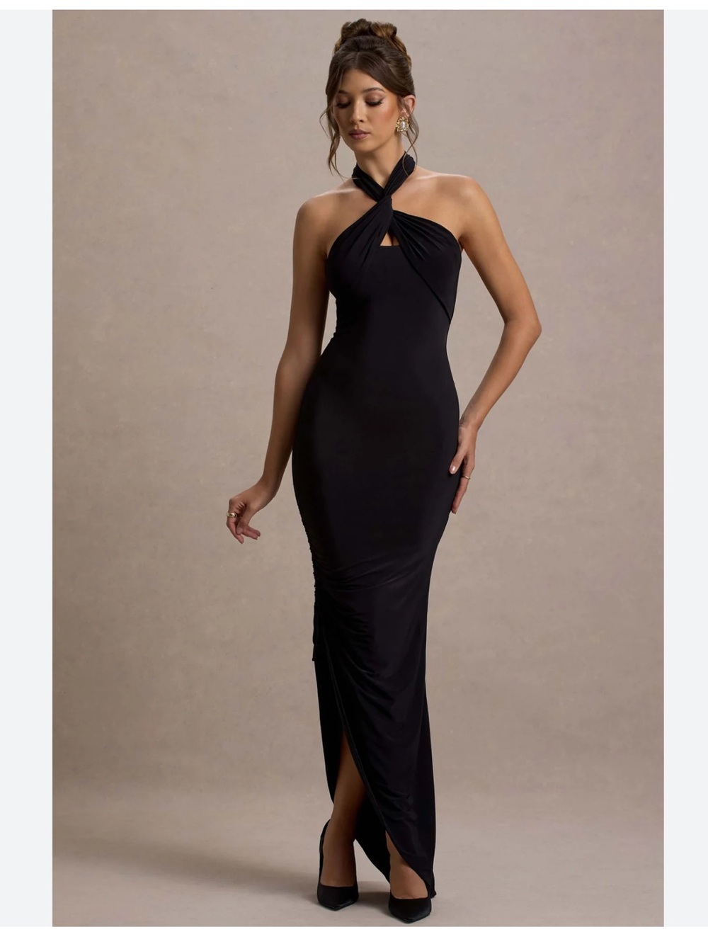 Jaiya Black Ruched Halter-Neck
Asymmetric Maxi Dress - Club L London 10